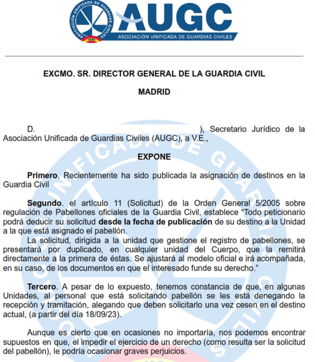 AUGC emite una queja al Consejo de la Guardia Civil ante la negativa en algunas unidades en tramitar solicitud de pabellón tras asignación de destino