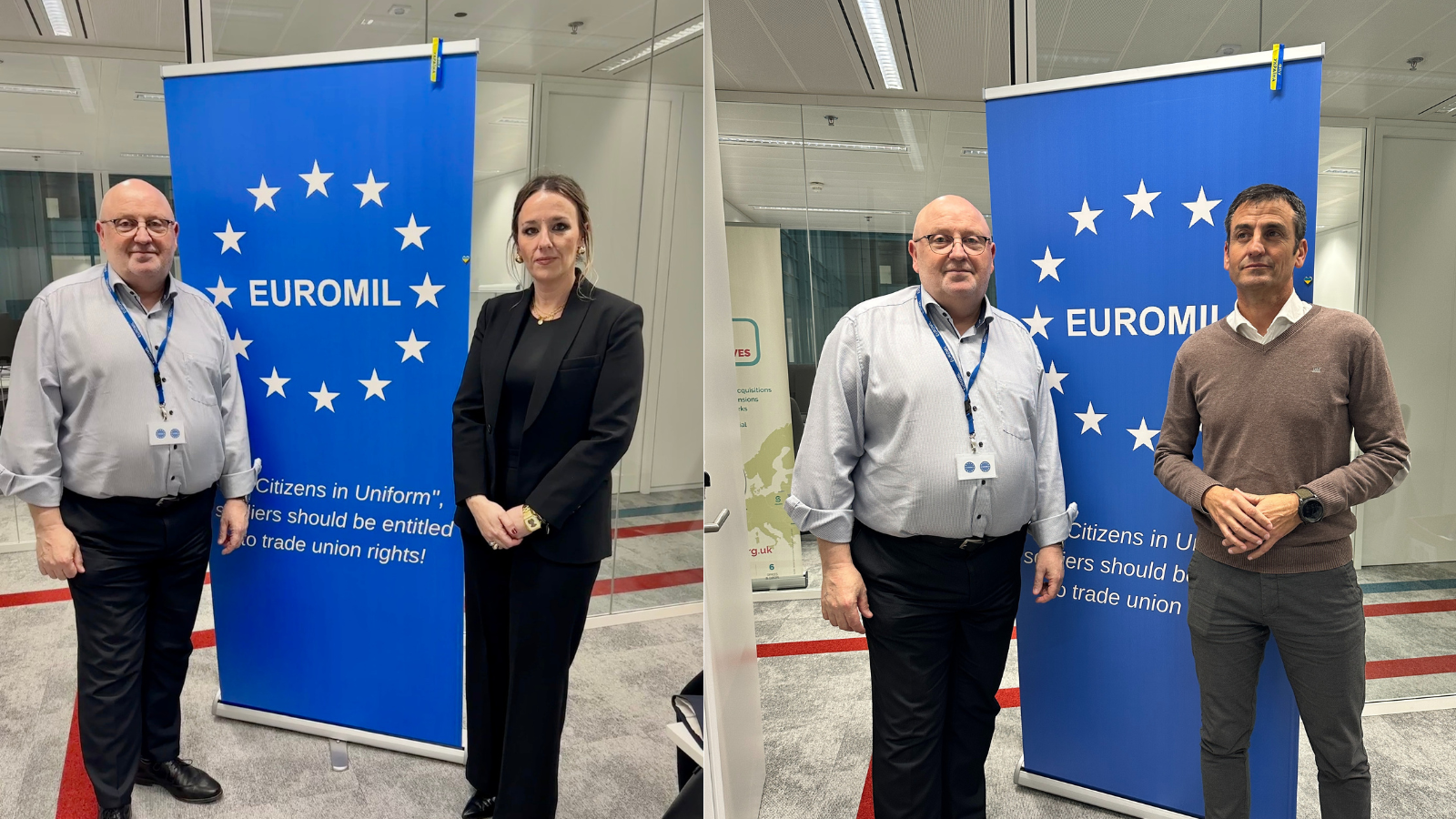 Olaya Salardón, Secretaria Institucional de AUGC y Juan Fernández, Secretario General de AUGC junto a Emmanuel Jacob, presidente de EUROMIL.