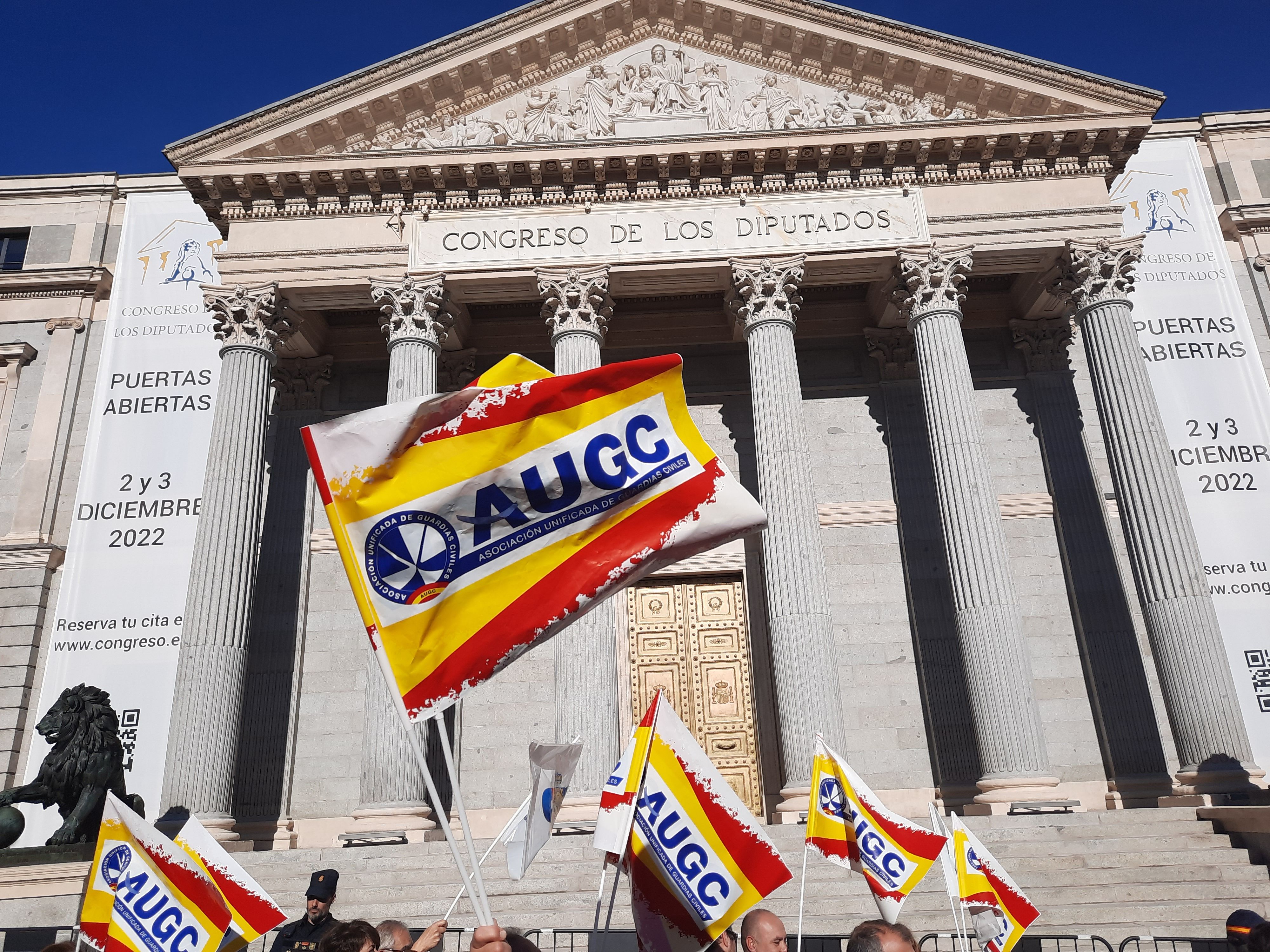 Banderas de AUGC ondean frente la fachada del Congreso de los Diputados. 