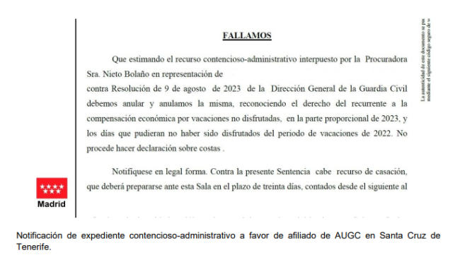 Notificación de expediente contencioso administrativo a favor de afiliado de AUGC en Santa Cruz de