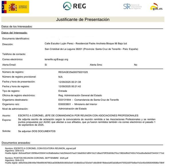 Imagen correspondiente al justificante de presentación de puntos a tratar con Jefe de Comandancia de Santa Cruz Tfe