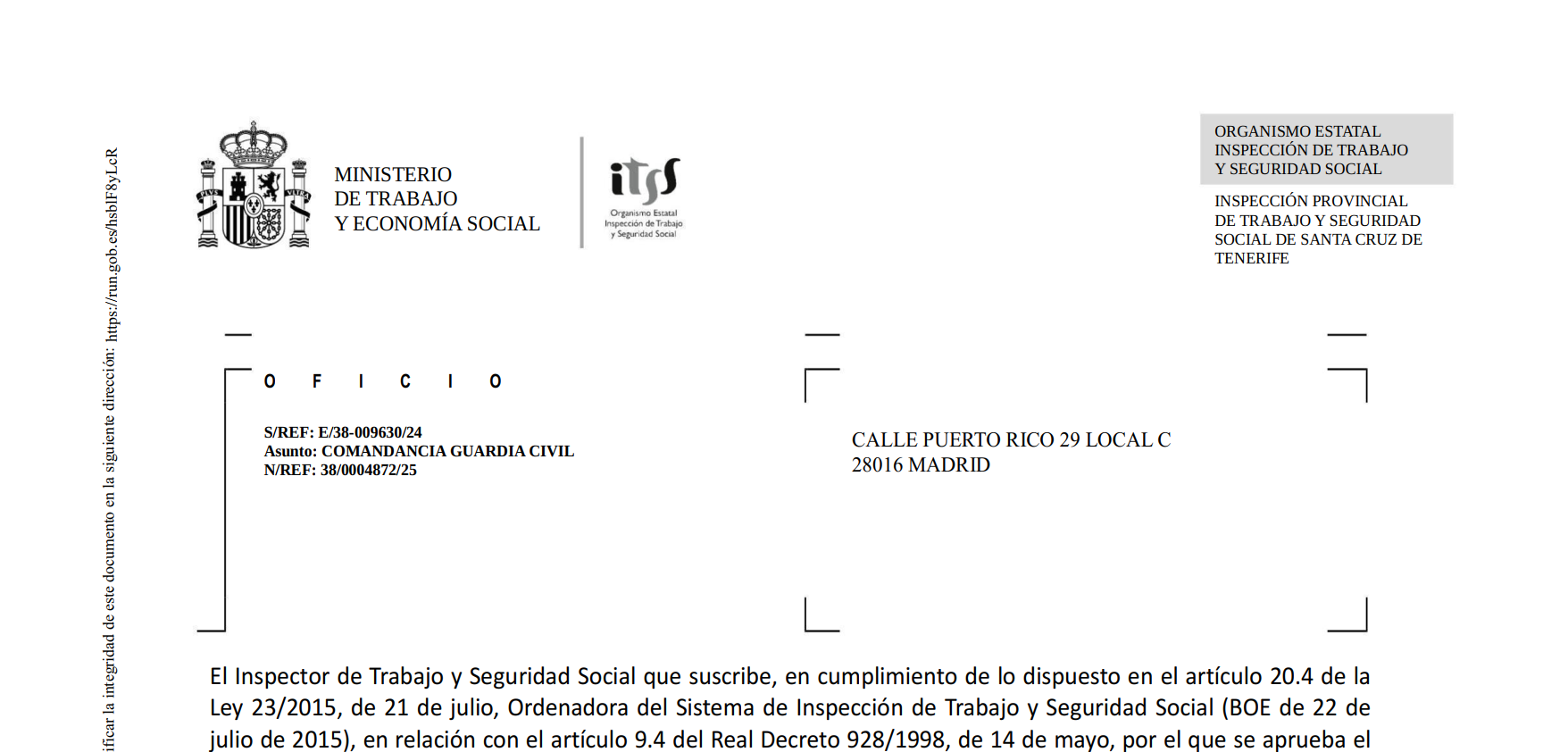 Resolución de Inspección de Trabajo tras denuncia de AUGC 