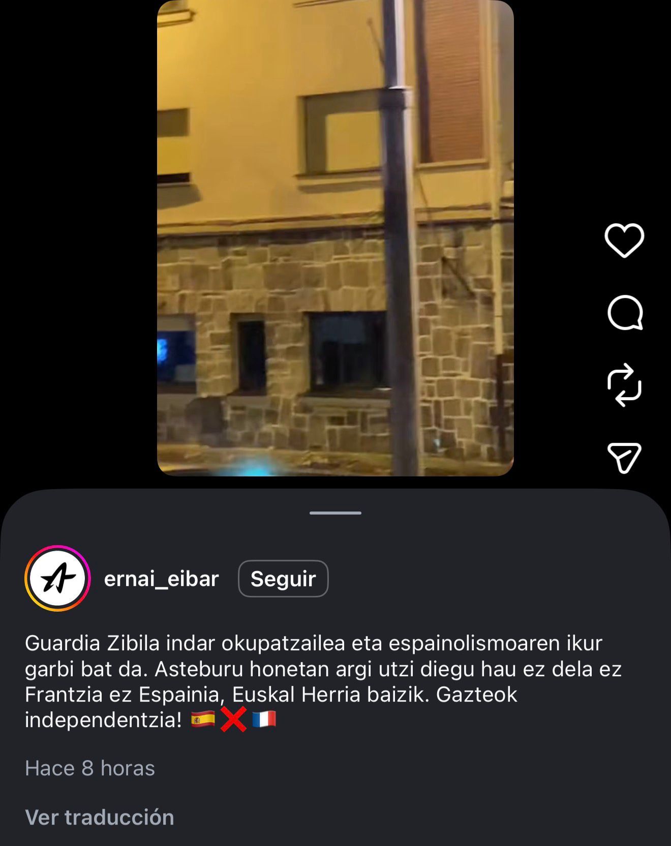 Fotografía de redes sociales donde se puede leer en dicha publicación "La Guardia Civil es una fuerza ocupante y un símbolo claro del españolismo. Este fin de semana hemos dejado claro que esto no es ni Francia ni España, sino Euskaldún Herria. 