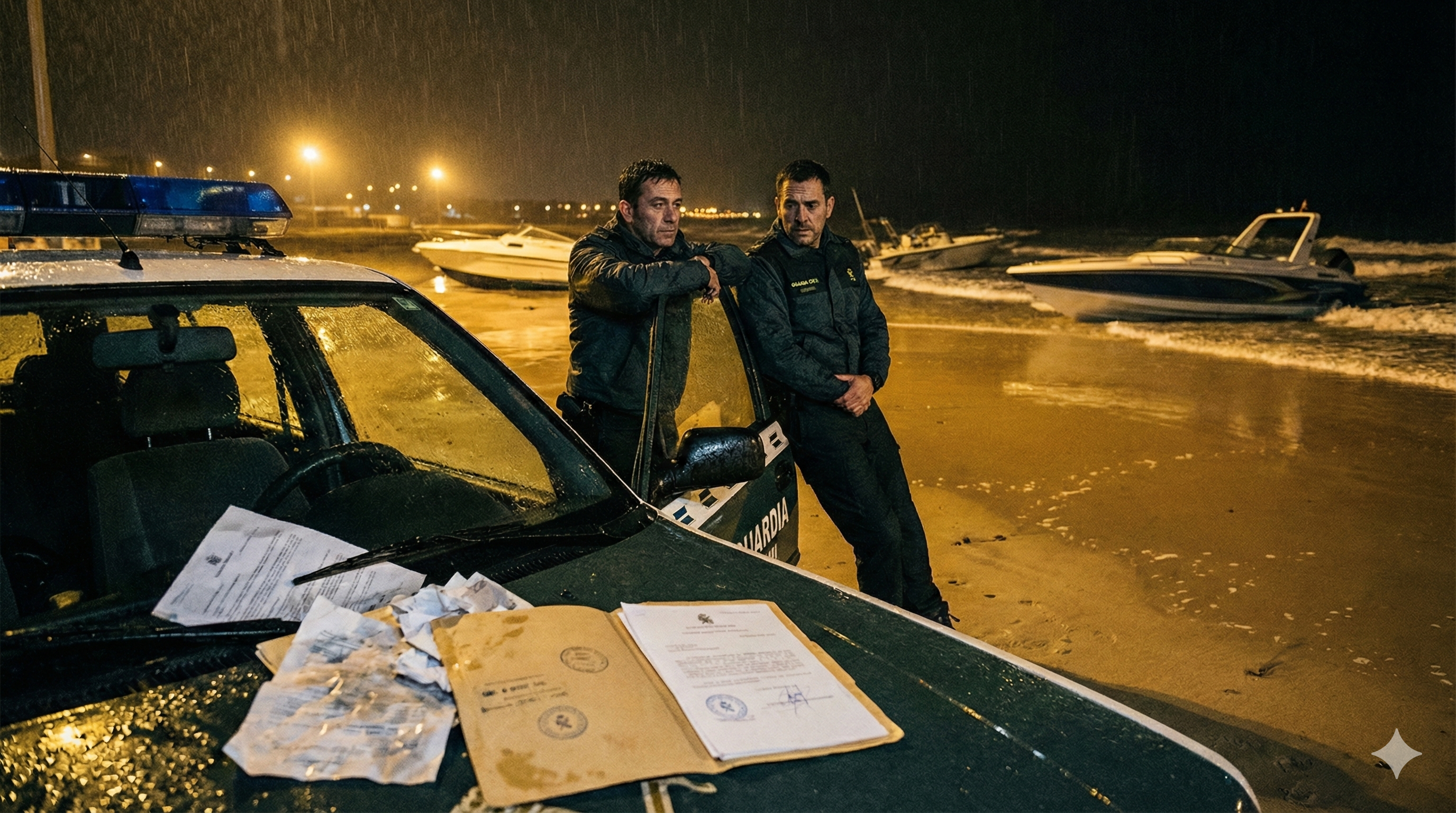 Guardias Civiles patrullando la zona del estrecho. (Generada con IA)