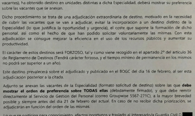 Notificación que obliga a peticionar destino en las especialidades.
