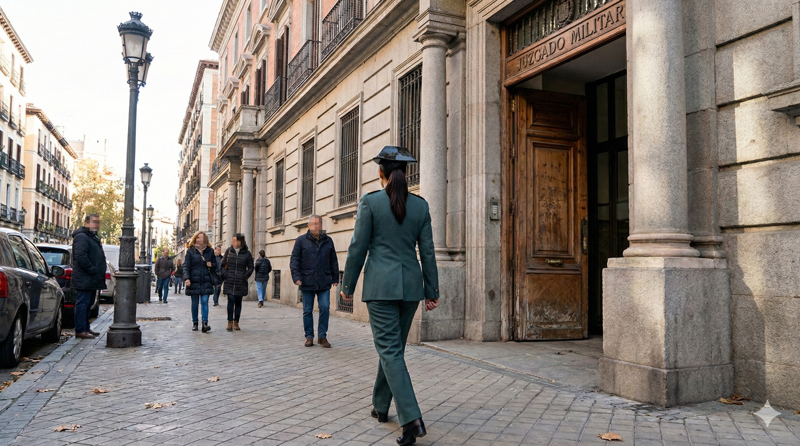 Recreación de la entrada de la Brigada María Serrano al Juzgado. (Generada con IA)