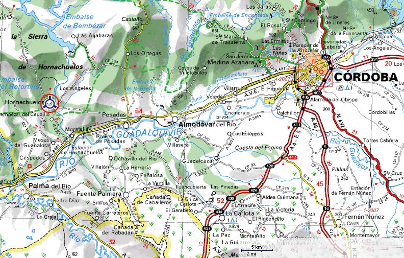Localización en la provincia de Córdoba de la localidad de Hornachelos (marcada por un círculo rojo)