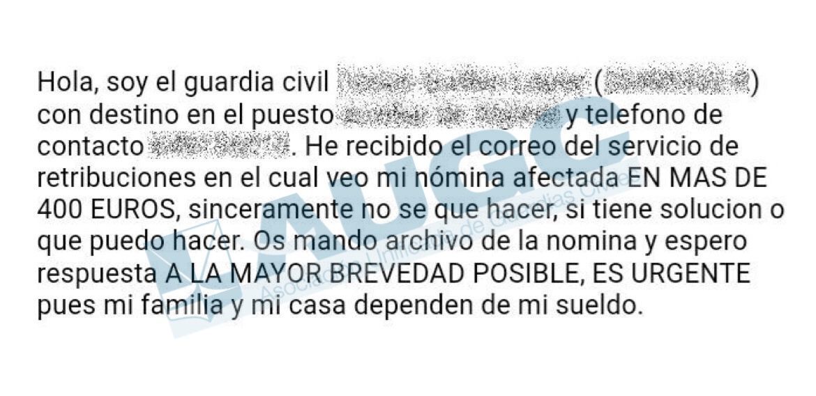 Mensaje recibido en AUGC de un guardia civil desesperado al comprobar la reducción de su nómina de enero