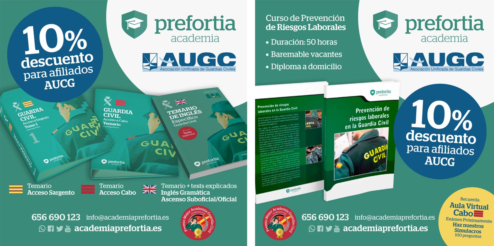 Carteles de los cursos que la academia Prefortia ofrece  a los afiliados de AUGC