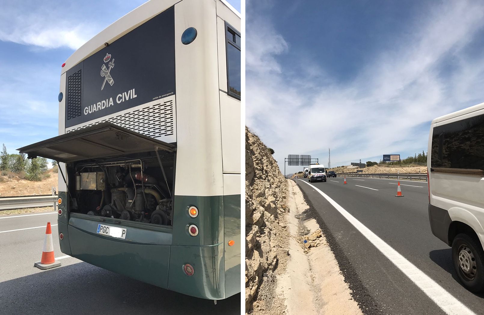 A la izquierda, el autobús averiado. A la derecha, la autovía balizada, en pleno cambio de rasante.