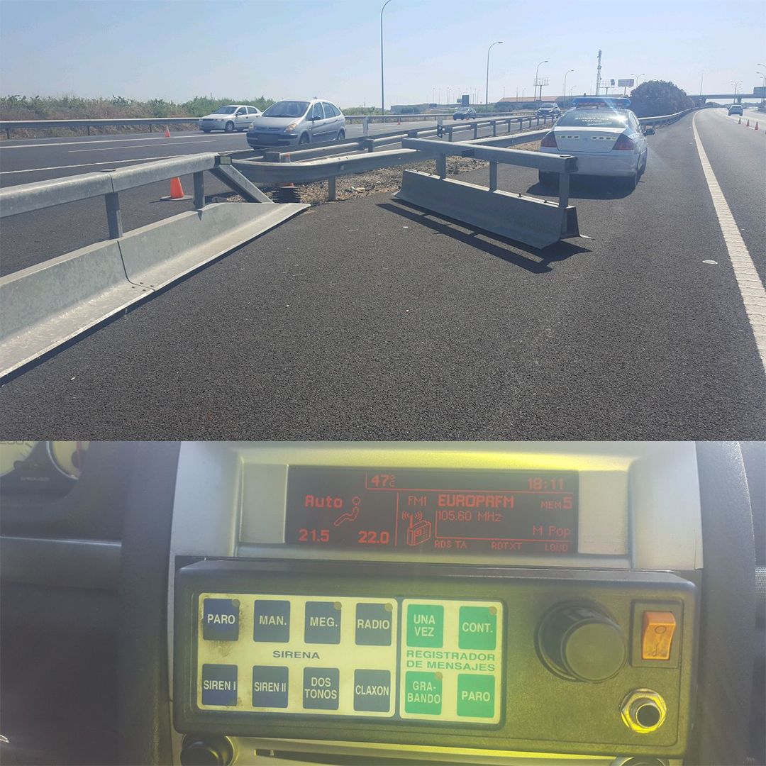 Arriba, el vehículo, situado a pleno sol. Debajo, cuadro donde se recoge que la temperatura en el exterior era de 47 grados centígrados.