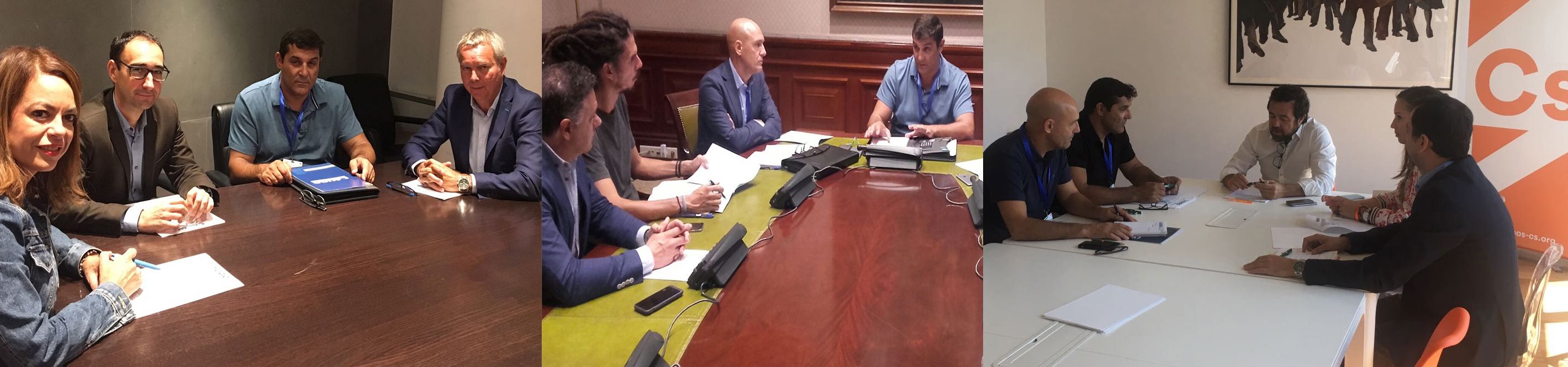 Representantes de AUGC en sus reuniones, de izquierda a derecha, con el PSOE, Unidos Podemos y Ciudadanos.