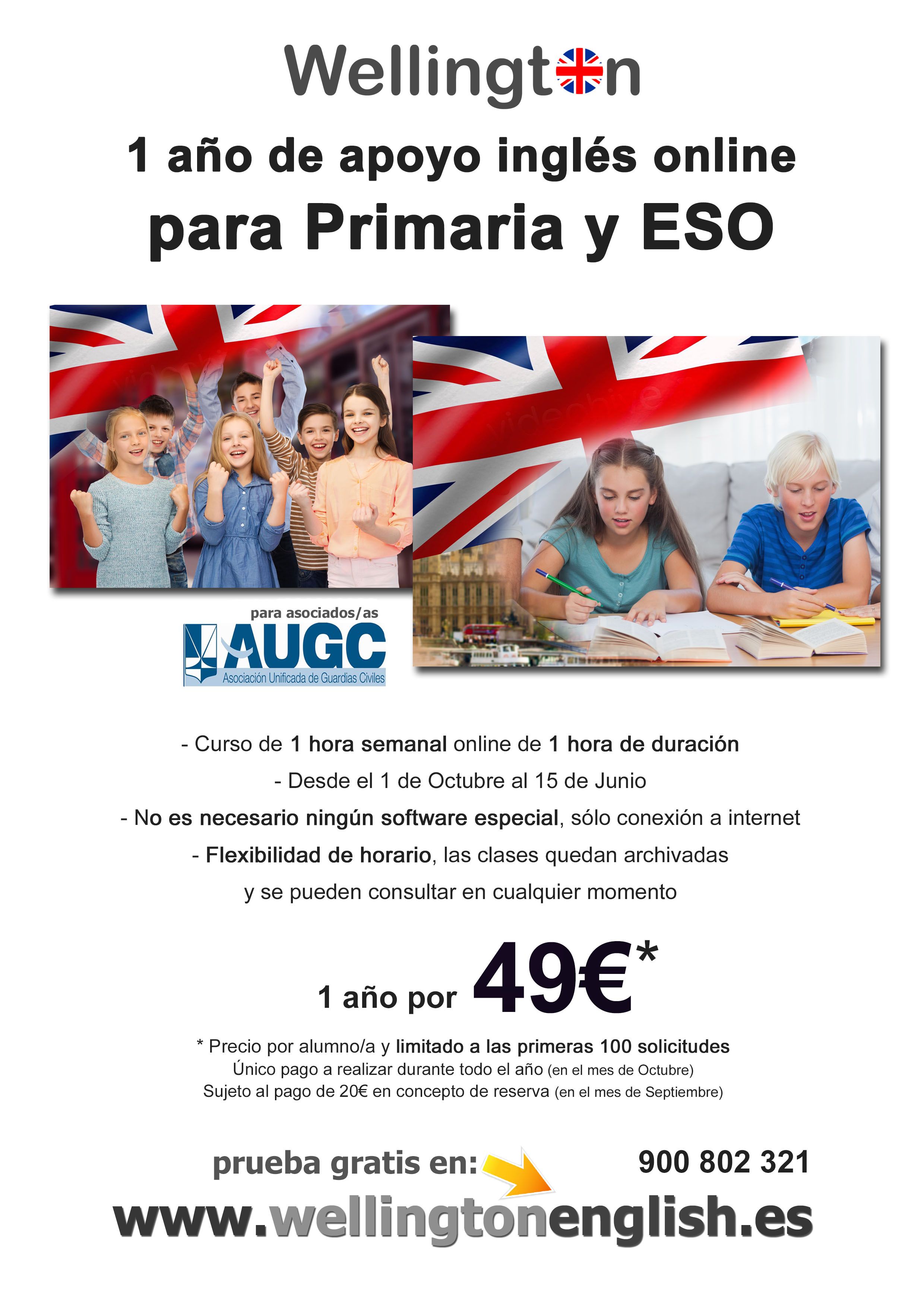 Cartel del curso de inglés de Wellington para afiliados a AUGC.