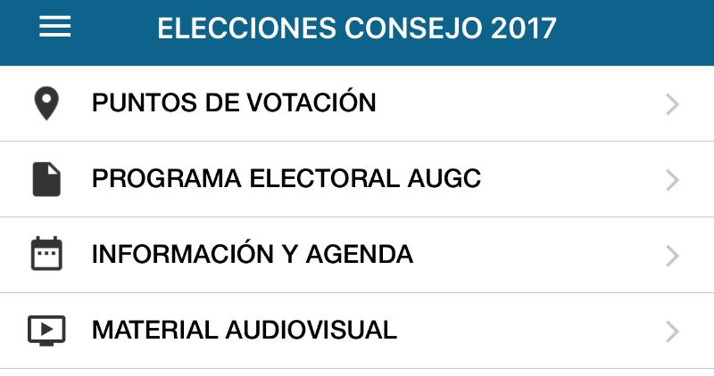 Pantallazo del menú de la información electoral incorporada a la App de AUGC.