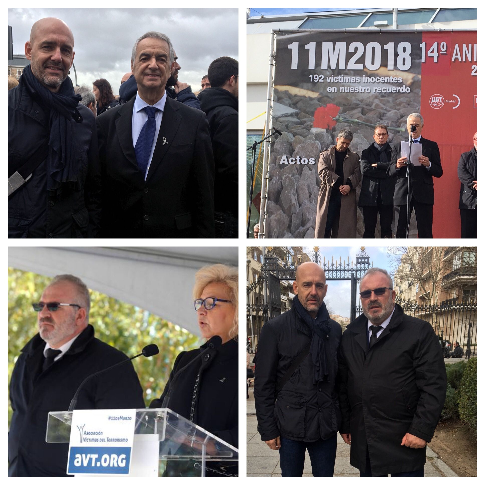 El secretario de Relaciones Institucionales de AUGC, Juan Liébana, en la imagen superior izquierda con Eulogio Paz, presidente de la Asociación 11-M Afectados del Terrorismo; y en la inferior derecha con el presidente de la AVT, Alfonso Sánchez.