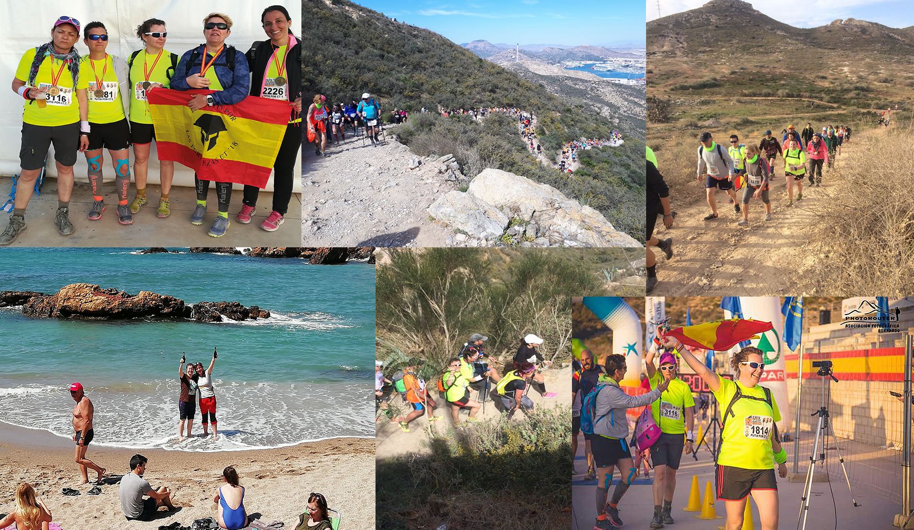 Varios momentos de la prueba. En la imagen superior izquierda, todo el equipo de cinco compañeras guardias civiles. Debajo, a la derecha, Alicia Sánchez celebra su llegada a meta.