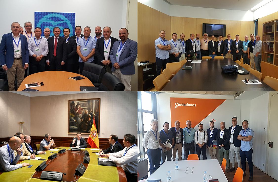 Los representantes de las asociaciones profesionales posan con los miembros de los distintos grupos parlamentarios. Desde arriba a la izquierda, y en sentido de las agujas del reloj, con Partido Popular, PSOE, Podemos y Ciudadanos.