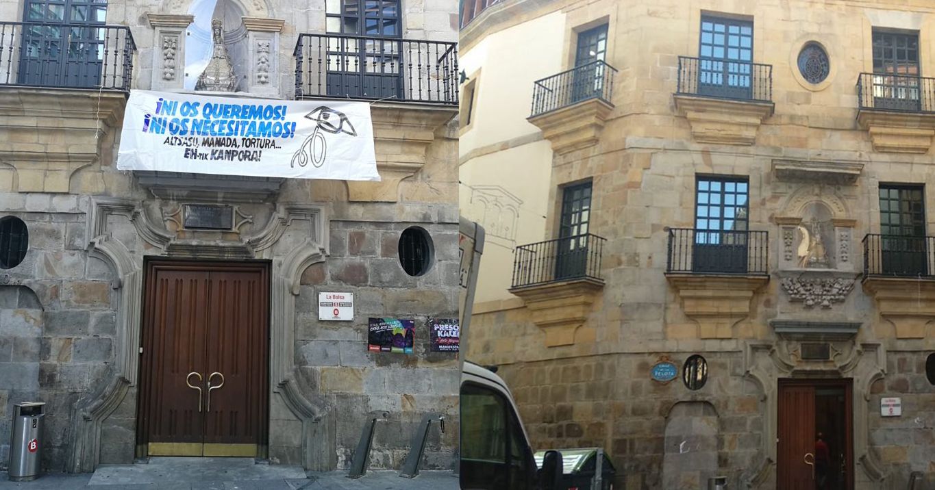 A la izquierda, la fachada con la pancarta. A la derecha, una vez retirada.