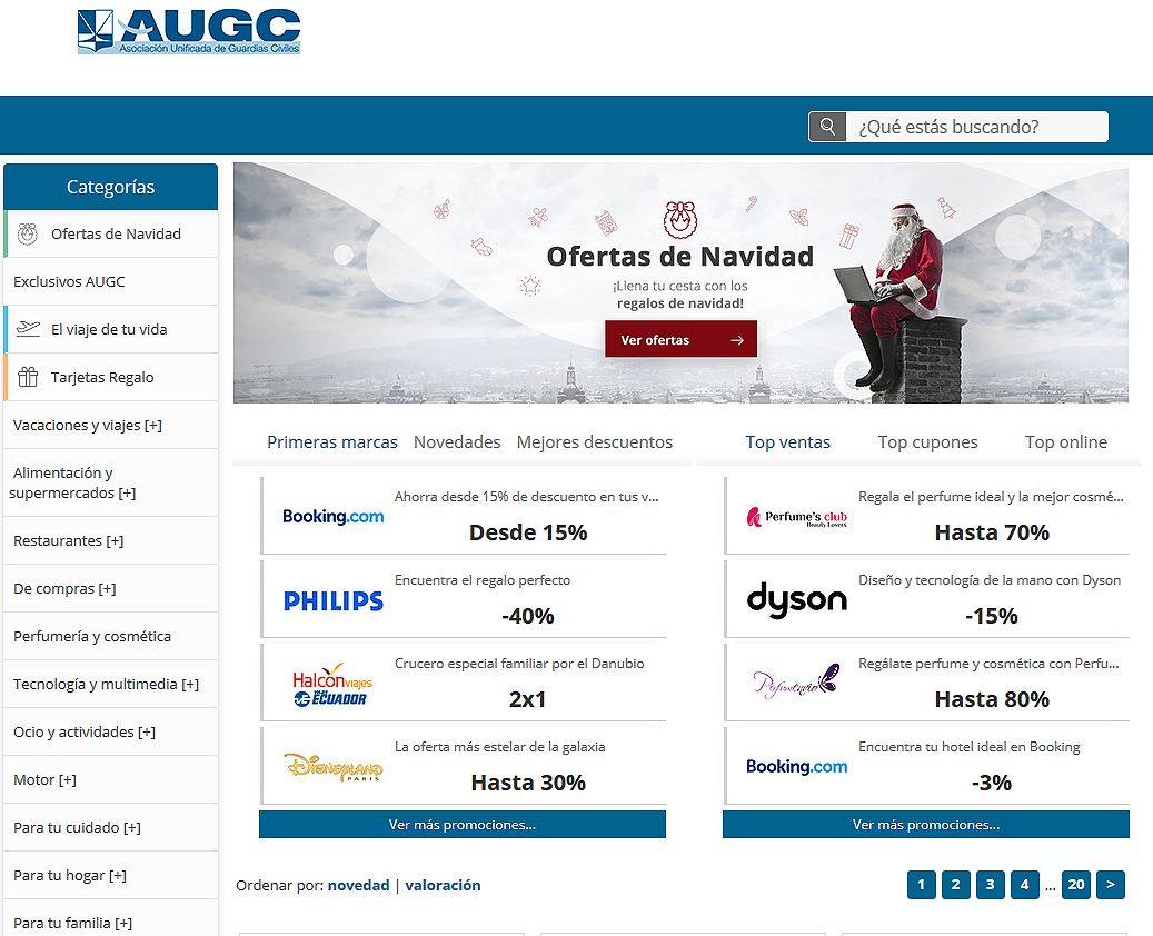 Captura de imagen de la página principal de la página de Colectivos Vip con los descuentos a afiliados a AUGC.