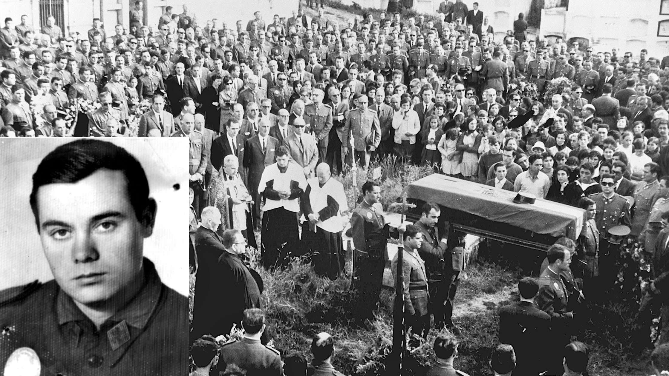 Entierro en su localidad natal del guardia civil José Antonio Pardines (en la imagen pequeña), la primera víctima de ETA, asesinado en junio de 1968.