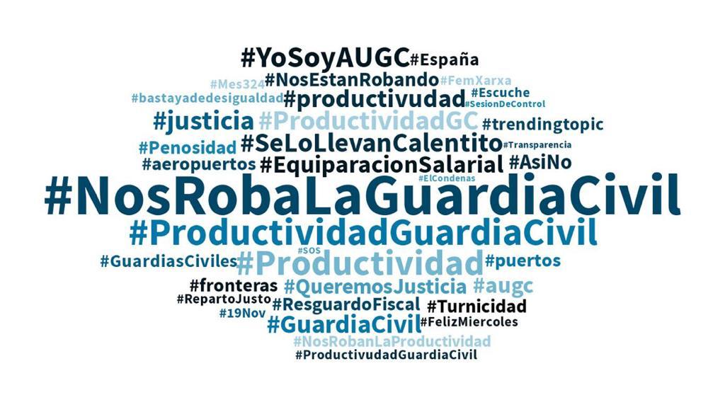 Nube de etiquetas compartidas hoy miles de veces en los tuits de la campaña de AUGC en redes sociales.