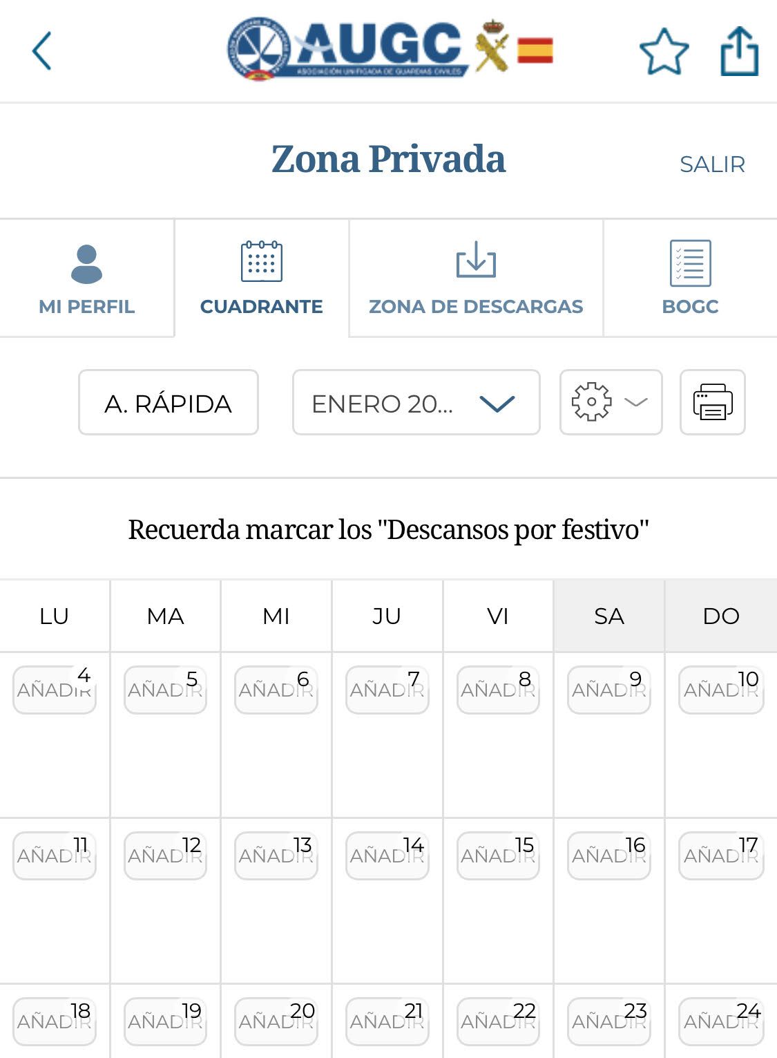 Pantallazo del cuadrante en la aplicación de AUGC.