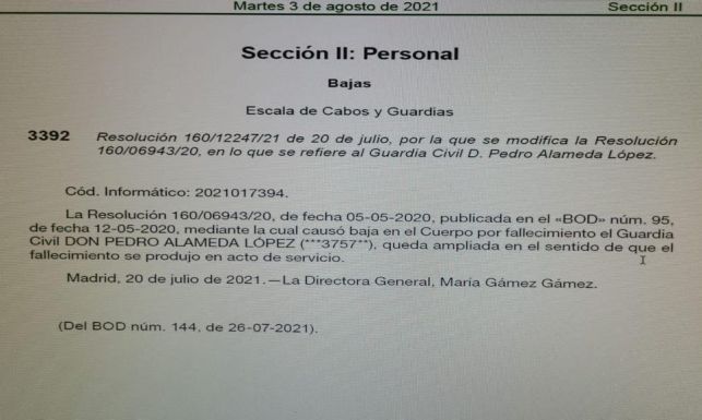 Imagen de la resolución en la que se reconoce el fallecimiento de Pedro Alameda como ocurrido en acto de servicio.