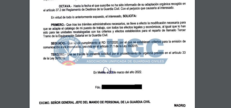 Extracto de la instancia presentada para que se modifique, mediante procedimiento de urgencia, la Orden General número 21/2021 de 9 de septiembre, que regula la especialidad de Fiscal y Fronteras de la Guardia Civil.