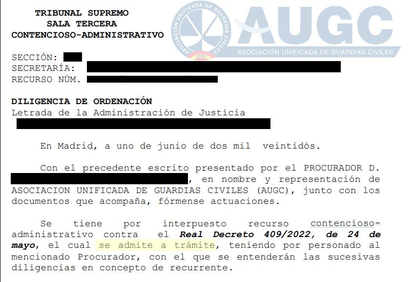 Extracto de la notificación de la Administración de Justicia sobre la admisión a trámite del recurso contencioso-administrativo interpuesto contra el RD 409/2022.