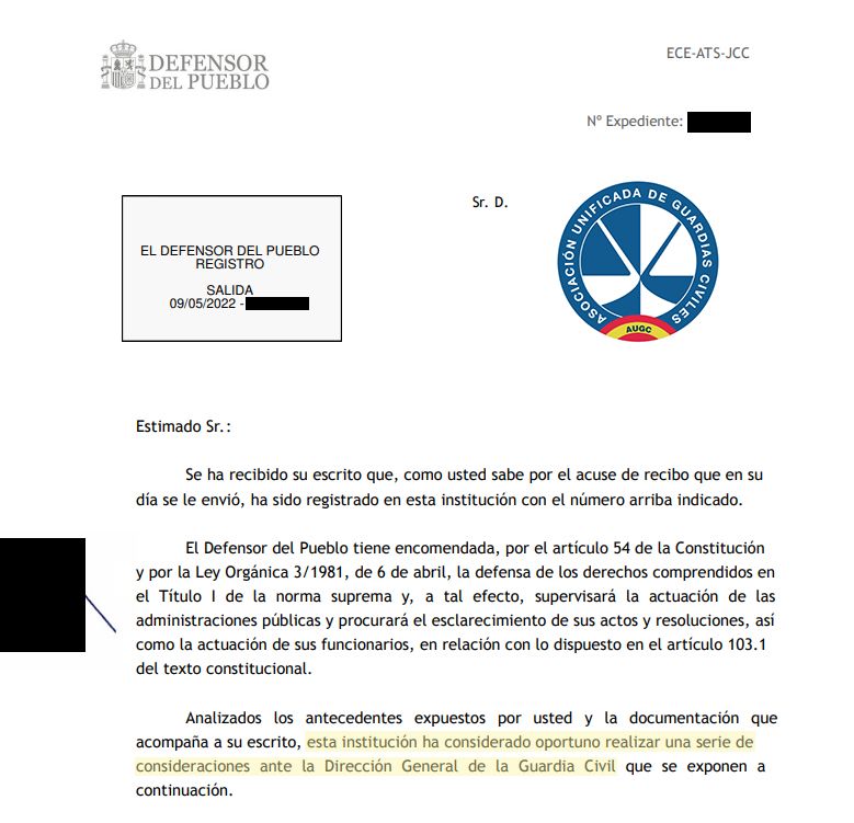 La Asociación Unificada de Guardias Civiles ha recurrido al Defensor del Pueblo para que, en base a nuestra exposición, persuada a la Dirección General de la Guardia Civil para que adopte medidas que permitan corregir las irregularidades planteadas.