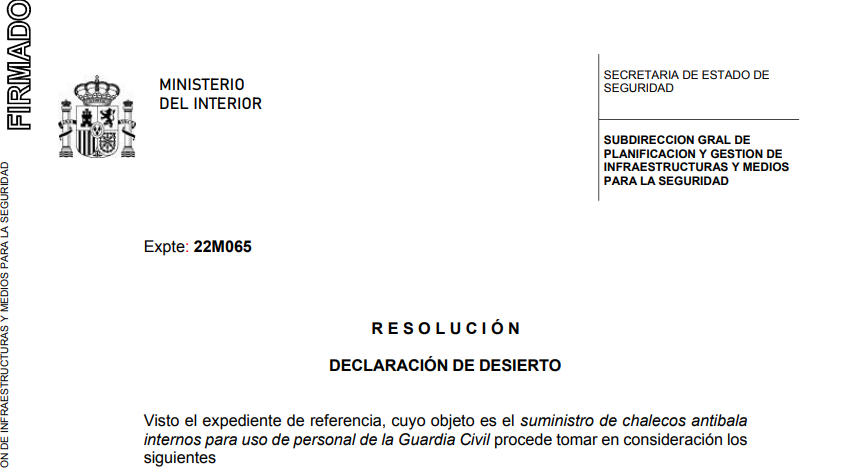 Extracto del documento del acta de resolución sobre la adquisición del material.