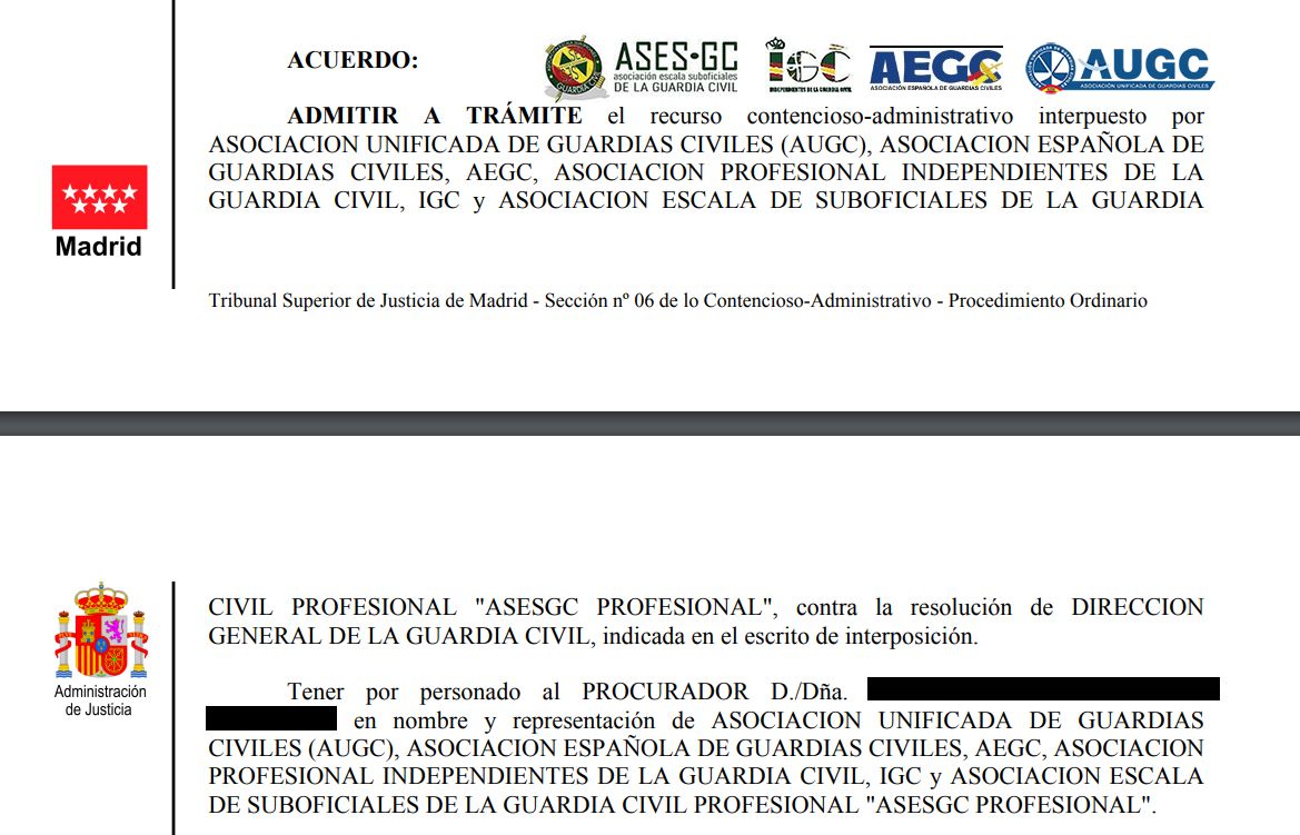 Extracto de la notificación judicial donde se comunica la admisión a trámite del contencioso-administrativo.