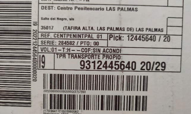Etiqueta de envío de mascarillas a Las Palmas